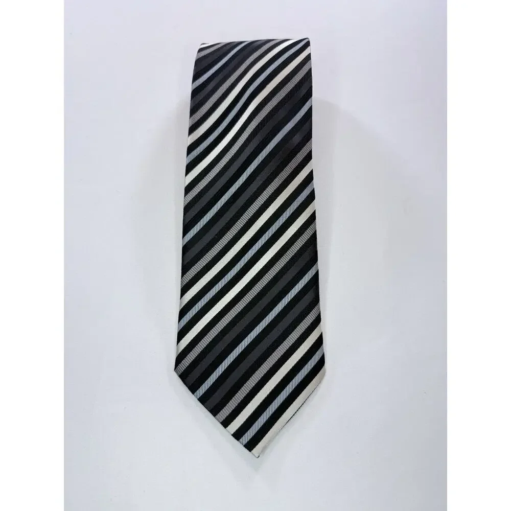 Valerio Garati 100% Silk Striped Woven Tie Black Gray White Pointed